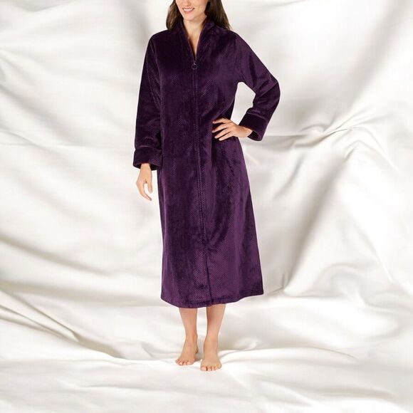 Charter Club Women’s Plush Zig Zag Zipper Robe in the Size Large in Deep Purple - Picture 9 of 16